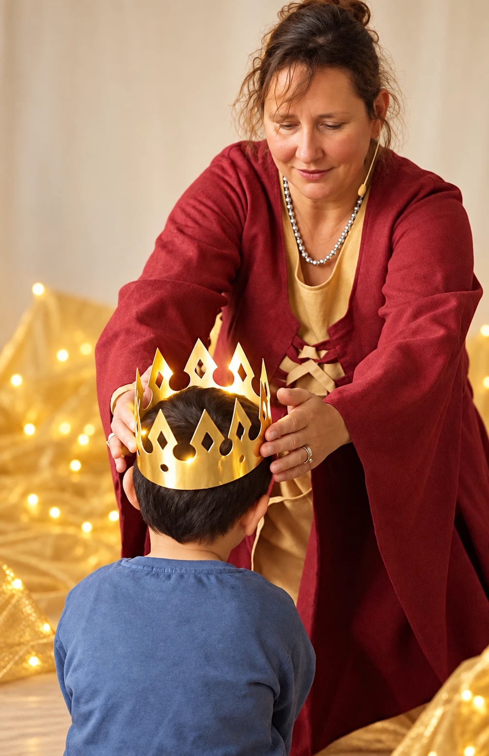 Heike Cordes setzt einem Kind eine goldene Krone auf