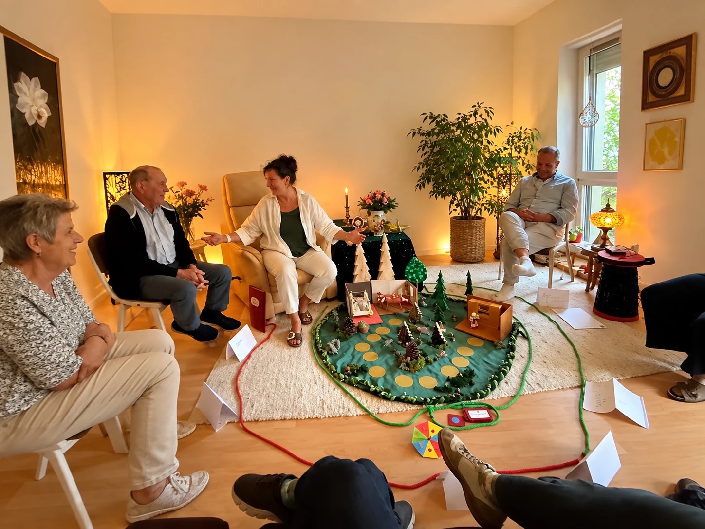 Heike Cordes im Gesprächskreis mit älteren Erwachsenen rund um ein Märchenspielfeld