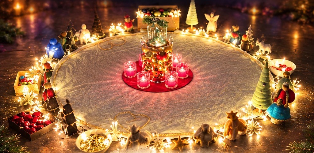 Weihnachtsmandala: ein leuchtender Kreis aus Lichterketten, Weihnachtsfiguren und Kerzen rund um ein Windlicht